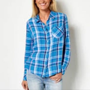 Candace Cameron Bure Women's Top xsp Linen Blend Button- Blue